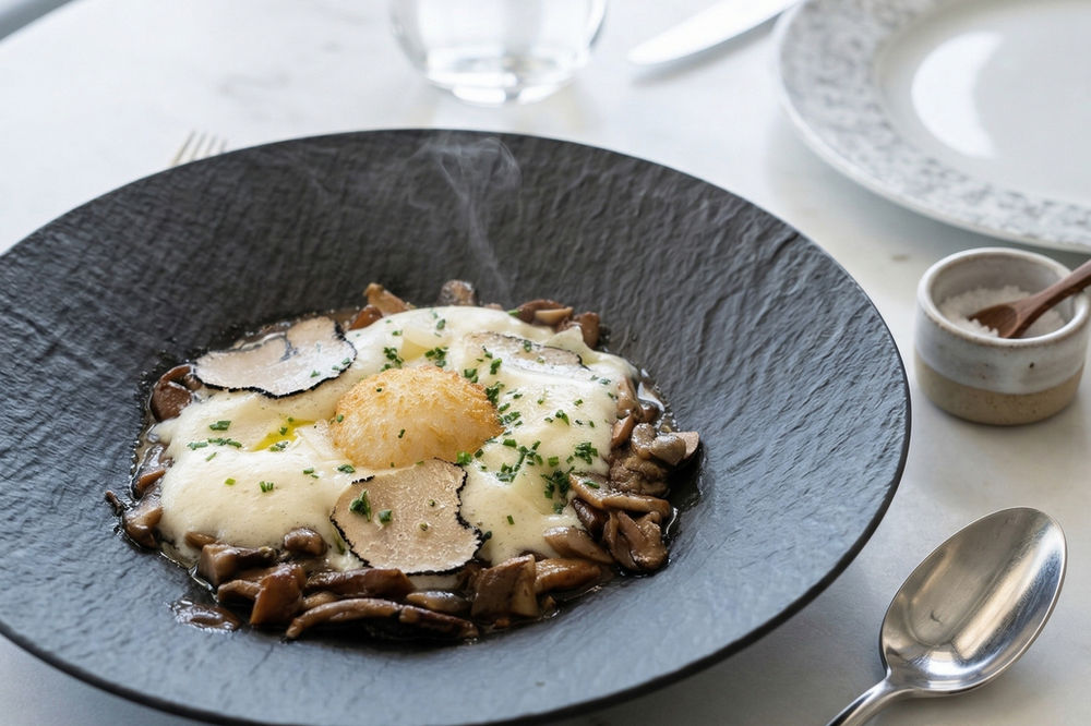 Krama Mushrooms — mushroom ragout, poached egg, truffle